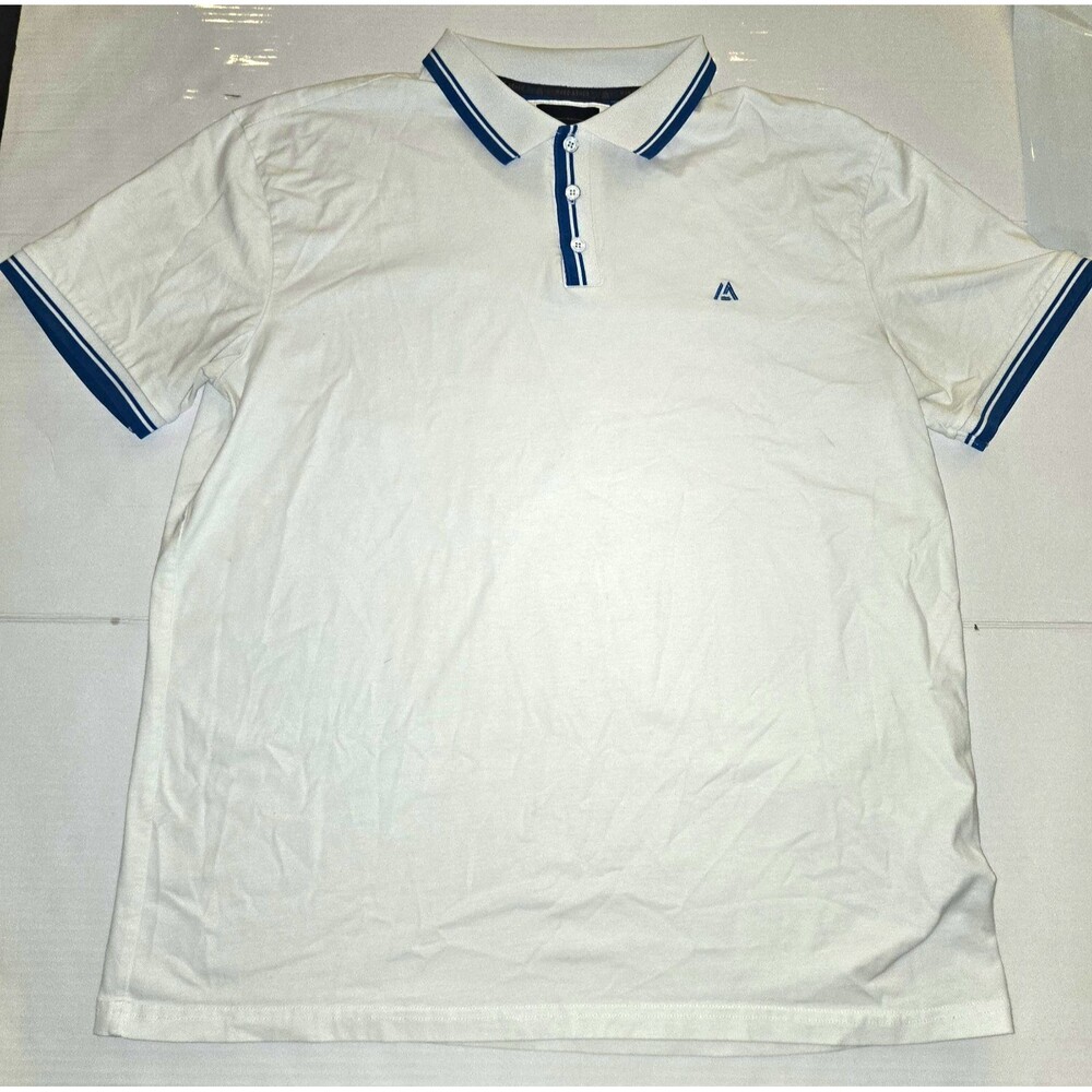 Marc Asher New York Men’s XL Polo Shirt White Blue Striped Trim Golf Preppy